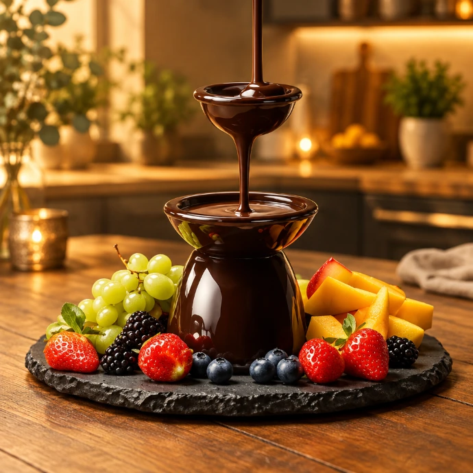 Fontaine de chocolat avec fruits frais pour la dégustation